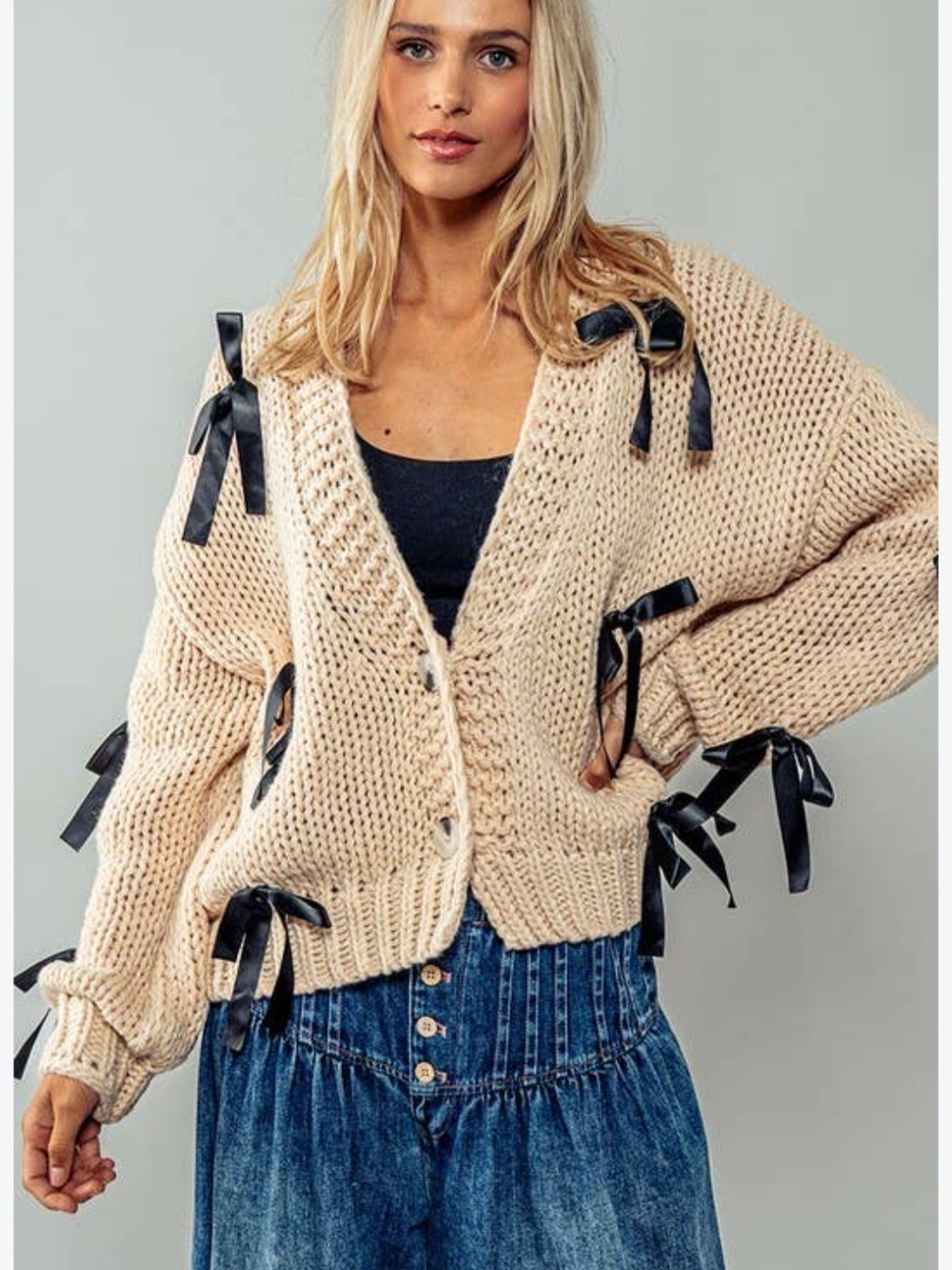 Urban Daizy Cream Ribbon-Accent Chunky Knit Cardigan Size S/M